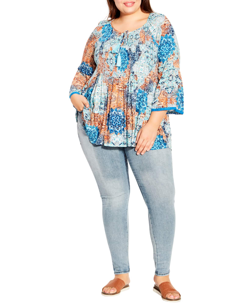 Plus size model wearing Cataline Boho Print Shirred Top by Avenue | Dia&Co | dia_product_style_image_id:192077